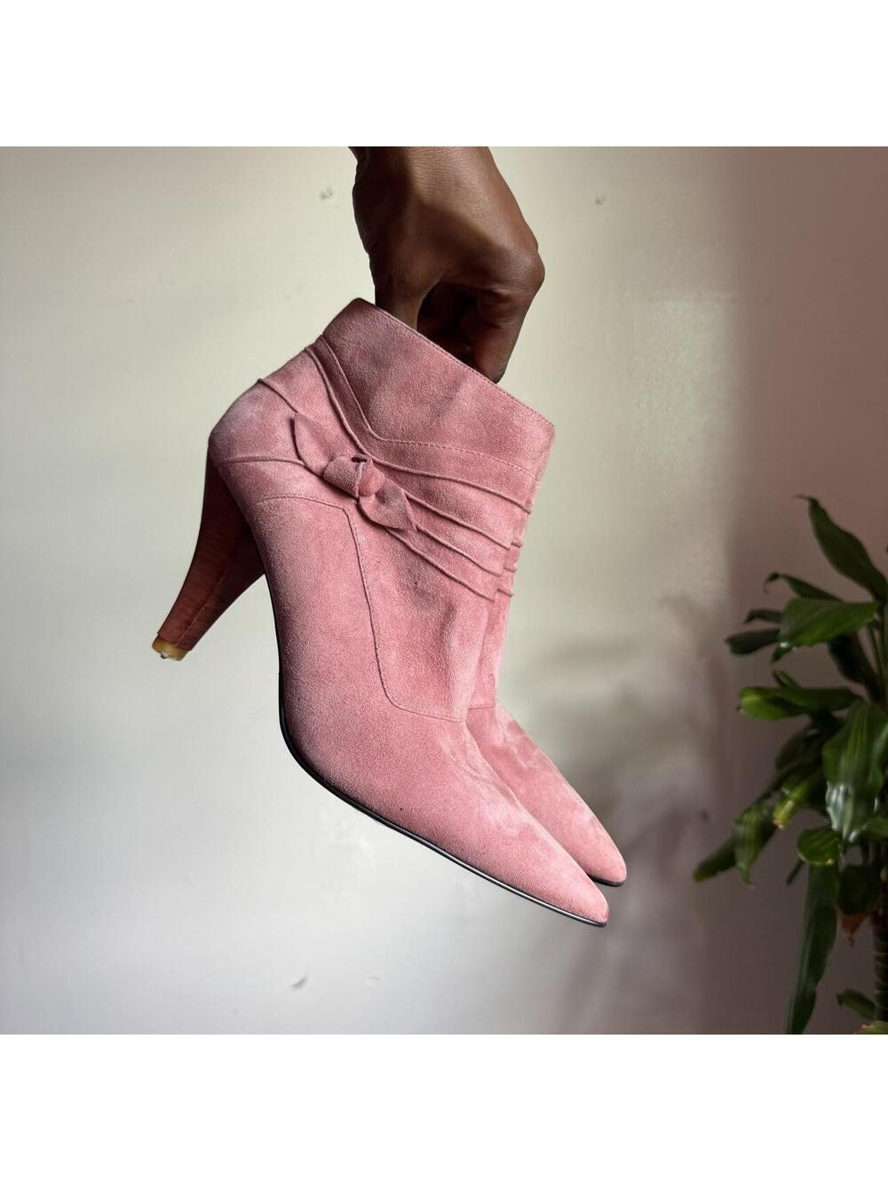 Y2K Sam & Libby Dusty Pink Suede Pointed Toe Ankle Boots Bow Detail US 8.5